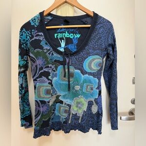 Desigual Blue and Black Floral Long Sleeve Top size Medium